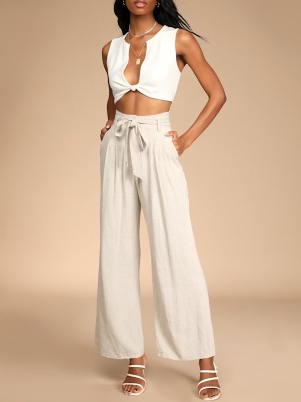 Lulus Trend Alert Beige Belted High-waisted Wide-leg Pants - Size M